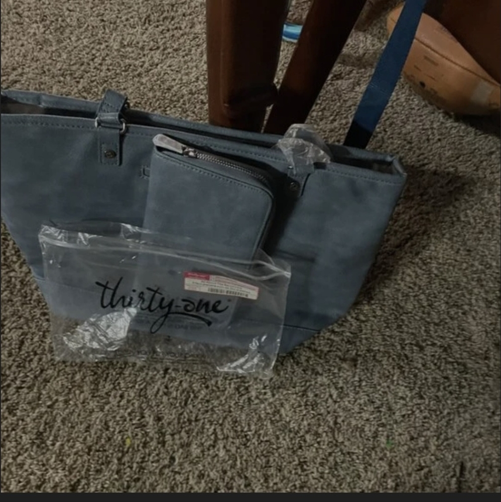 Brand New Thirty-One Slate Blue Tote with Pouch And Matching Wallet